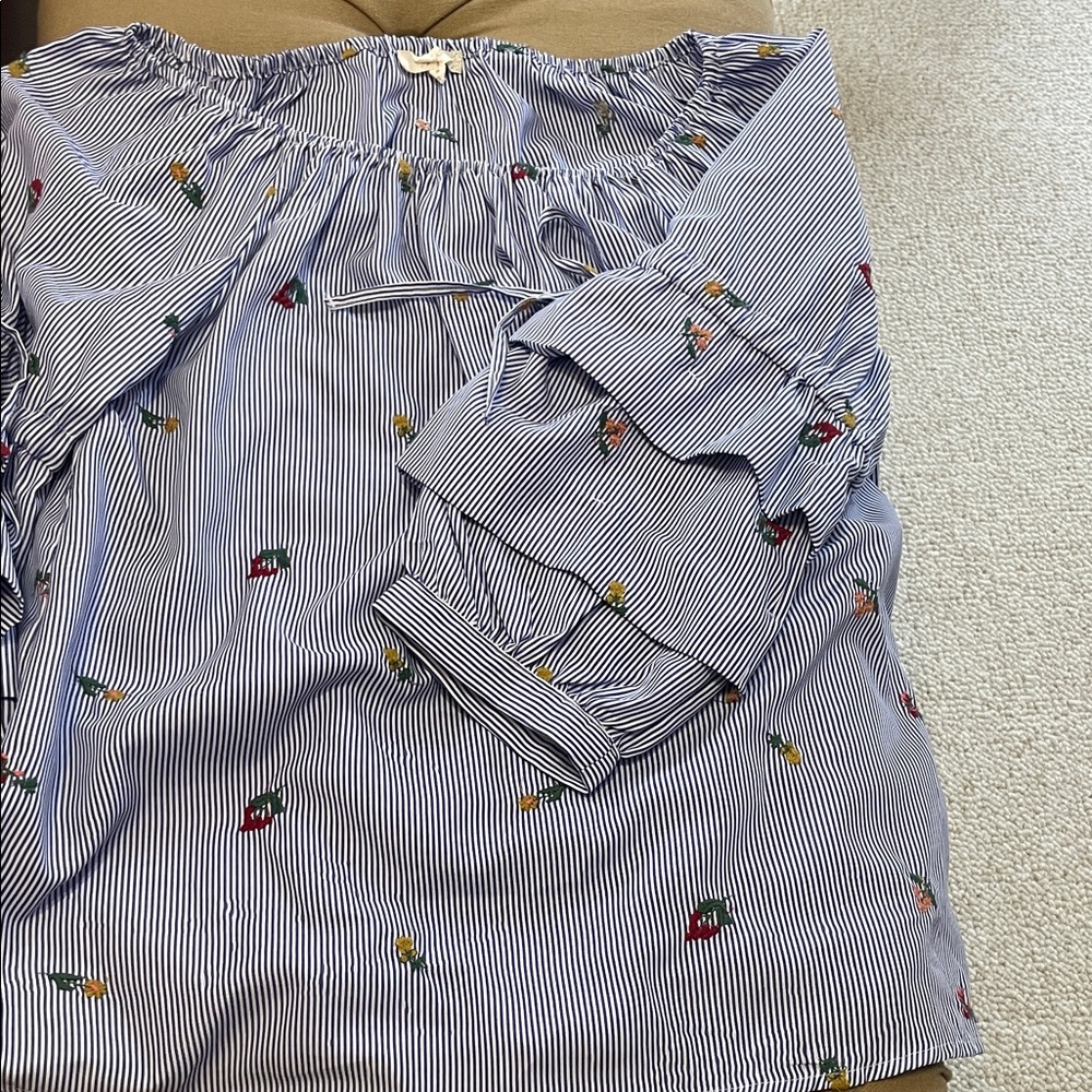 Blue Striped Mini Skirt with Multicolor Floral Embroidery